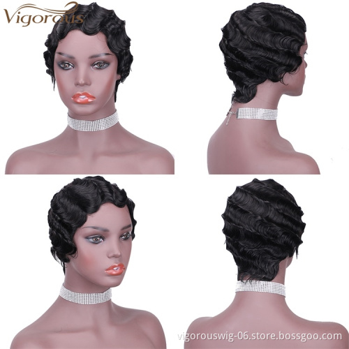 Vigorous Pixie Cut Black Short Curly Wigs for African American Women Real 100% Human Hair Finger Wave Wig